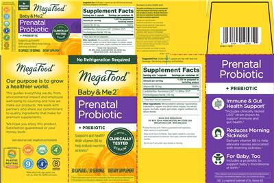 MegaFood Baby & Me 2 Prenatal Probiotic + Prebiotic source label used in the packaging illustration