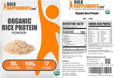 BulkSupplements.com Organic Rice Protein Powder 30 g source label used in the packaging illustration