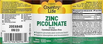 Country Life Zinc Picolinate 25 mg product packaging