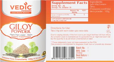 Vedic Powders Giloy Powder source label used in the packaging illustration