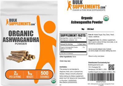 BulkSupplements.com Organic Ashwagandha Powder 2 g product packaging