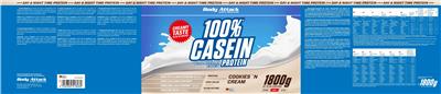 Body Attack Sports Nutrition 100% Casein Protein Cookies 'N Cream source label used in the packaging illustration