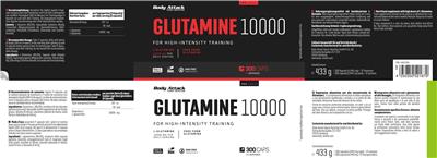Body Attack Sports Nutrition Glutamine 10000 source label used in the packaging illustration