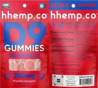 hhemp.co D9 Gummies Watermelon 250 mg source label used in the packaging illustration