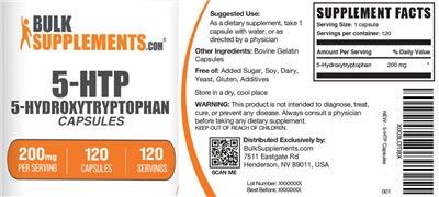BulkSupplements.com 5-HTP Capsules 200 mg source label used in the packaging illustration