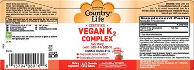 Country Life Vegan K2 Complex 500 mcg Strawberry Flavor product packaging
