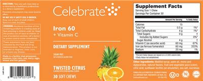 Celebrate Iron 60 + Vitamin C Twisted Citrus source label used in the packaging illustration