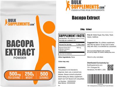 BulkSupplements.com Bacopa Extract Powder 500 mg source label used in the packaging illustration
