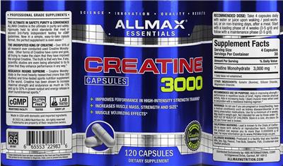 ALLMAX ESSENTIALS Creatine 3000 source label used in the packaging illustration