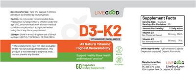 LiveGood D3-K2 Vitamins D3 2000 IU and K2 source label used in the packaging illustration