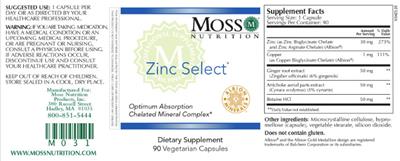Moss Nutrition Zinc Select product packaging