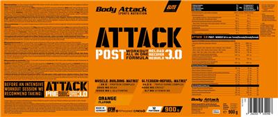 Body Attack Sports Nutrition Attack 3.0 Orange Flavour source label used in the packaging illustration