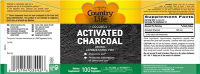 Country Life Coconut Activated Charcoal 260 mg source label used in the packaging illustration