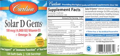 Carlson Solar D Gems 100 mcg (4000 IU) Natural Lemon Flavor source label used in the packaging illustration