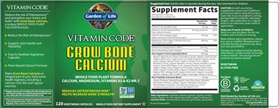 Garden of Life Vitamin Code Grow Bone Calcium source label used in the packaging illustration