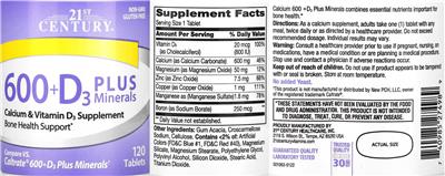 21st Century 600 + D3 plus Minerals source label used in the packaging illustration