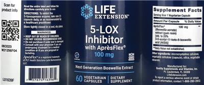 Life Extension 5-LOX Inhibitor with AprèsFlex 100 mg source label used in the packaging illustration