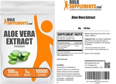 BulkSupplements.com Aloe Vera Extract Powder 100 mg source label used in the packaging illustration