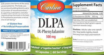 Carlson DLPA DL-Phenylalanine 500 mg source label used in the packaging illustration