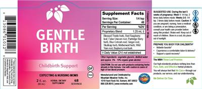 Mountain Meadow Herbs Gentle Birth source label used in the packaging illustration