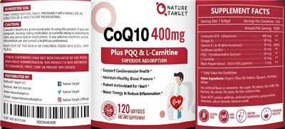 Nature Target CoQ10 400 mg source label used in the packaging illustration