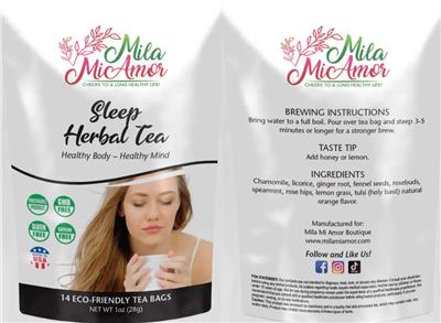 MilaMiAmor Sleep Herbal Tea source label used in the packaging illustration