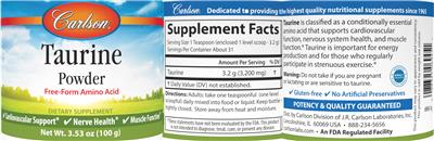 Carlson Taurine Powder source label used in the packaging illustration
