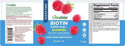 Lifeable Biotin 5000 mcg Gummies Sugar Free Raspberry Flavor source label used in the packaging illustration