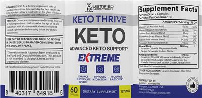 Justified Laboratories Keto Thrive Keto Extreme source label used in the packaging illustration