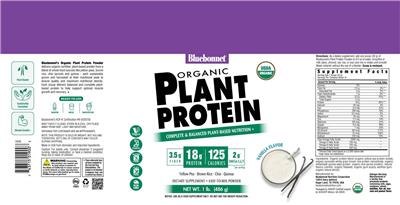 Bluebonnet Organic Plant Protein Vanilla Flavor source label used in the packaging illustration
