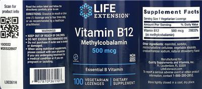 Life Extension Vitamin B12 Methylcobalamin 500 mcg product packaging