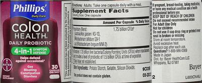 Bayer Phillips' Colon Health Daily Probiotic source label used in the packaging illustration