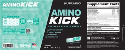NutraBio Amino Kick Baja Burst source label used in the packaging illustration
