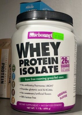 Bluebonnet Whey Protein Isolate Powder Original Flavor source label used in the packaging illustration