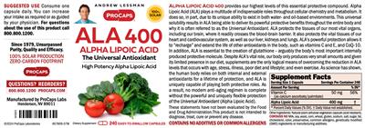 ProCaps Laboratories ALA 400 Alpha Lipoic Acid source label used in the packaging illustration