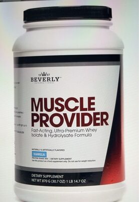 Beverly International Muscle Provider Vanilla Flavor source label used in the packaging illustration