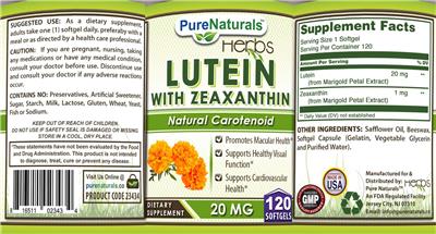 Pure Naturals Herbs Lutein with Zeaxanthin 20 mg source label used in the packaging illustration