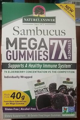 Nature's Answer Sambucus Mega Gummies 7X Strength Elderberry source label used in the packaging illustration
