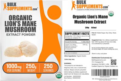BulkSupplements.com Organic Lion's Mane Mushroom Extract Powder 1000 mg product packaging