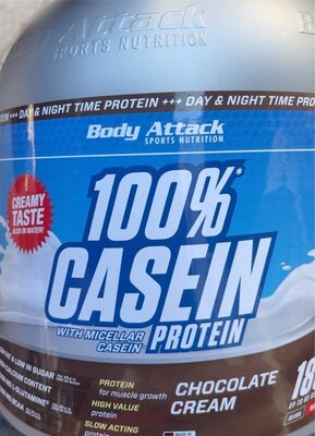 Body Attack Sports Nutrition 100% Casein Protein Chocolate Cream source label used in the packaging illustration