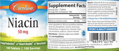 Carlson Niacin 50 mg source label used in the packaging illustration