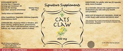 Signature Supplements Cats Claw 400 mg source label used in the packaging illustration
