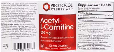 Protocol For Life Balance Acetyl-L-Carnitine 500 mg source label used in the packaging illustration