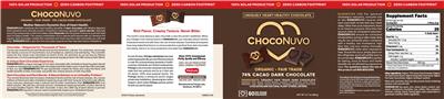 ProCaps ChocoNuvo 74% Cacao Dark Chocolate source label used in the packaging illustration