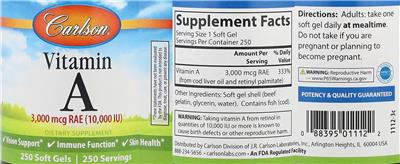 Carlson Vitamin A 3000 mcg RAE (10000 IU) source label used in the packaging illustration