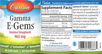 Carlson Gamma E-Gems 465 mg source label used in the packaging illustration