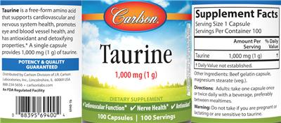 Carlson Taurine 1000 mg (1 g) source label used in the packaging illustration