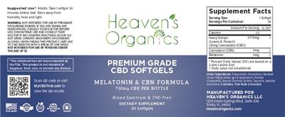Heaven's Organics Premium Grade CBD Softgels Melatonin & CBN Formula source label used in the packaging illustration