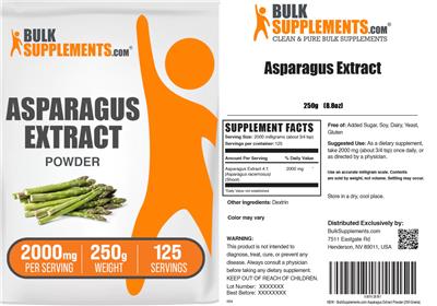 BulkSupplements.com Asparagus Extract Powder 2000 mg source label used in the packaging illustration
