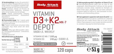 Body Attack Sports Nutrition Vitamin D3 140 mcg + K2 MK-7 100 mcg Depot product packaging